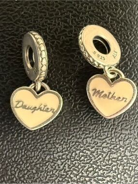 Pandora Silver Heart 'Mother' & 'Daughter' Enamel Dangle Charms - Pink